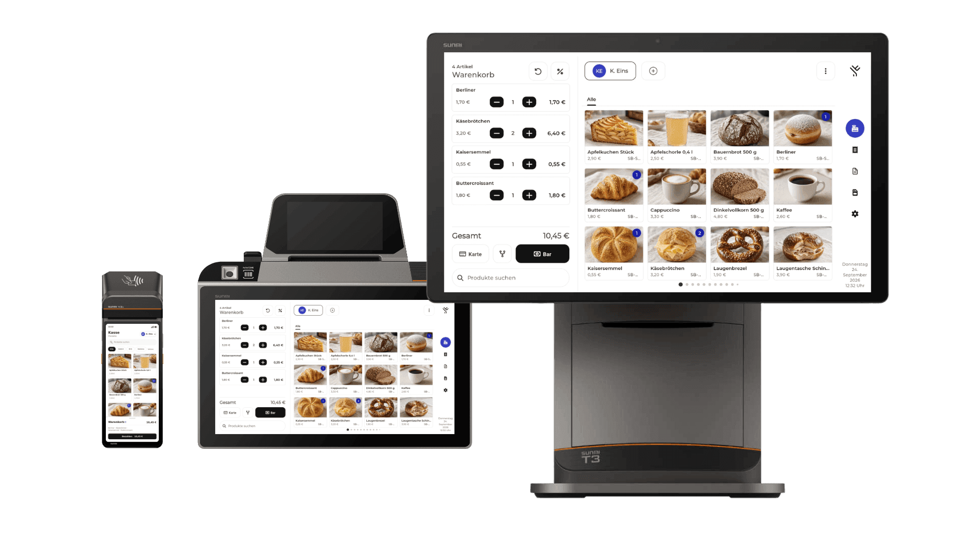 Three modern point-of-sale systems displaying a bakery menu on touchscreens.