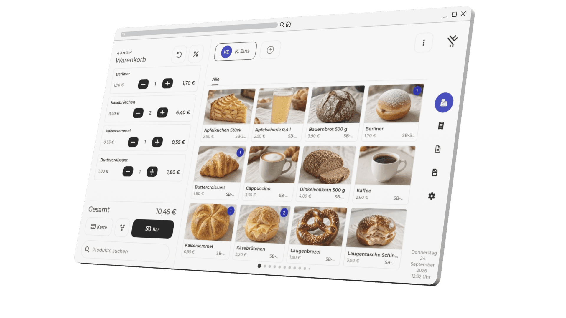 Browser window displaying a digital bakery ordering system with various baked goods and coffee items.