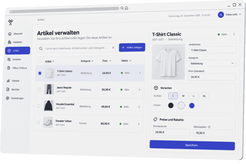 A product management interface showing item listings and detailed options for a classic T-shirt.