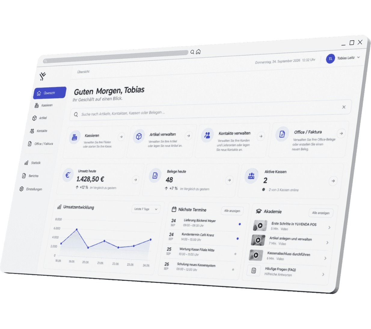 Digital dashboard interface displaying business analytics, revenue, and employee overview.