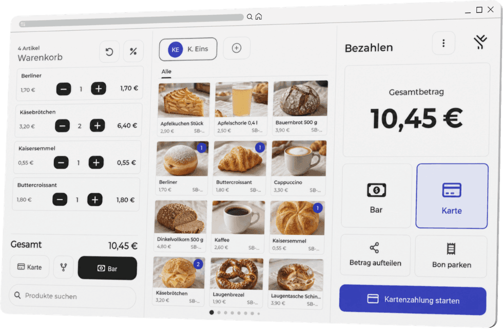 A point-of-sale system interface showing product selection, total, and payment options.