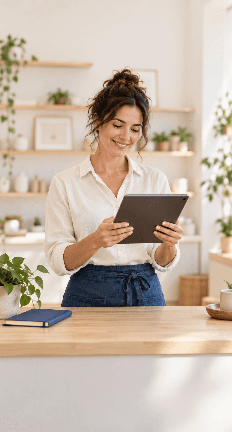 A smiling woman reviews content on a tablet in a bright, plant-filled room.