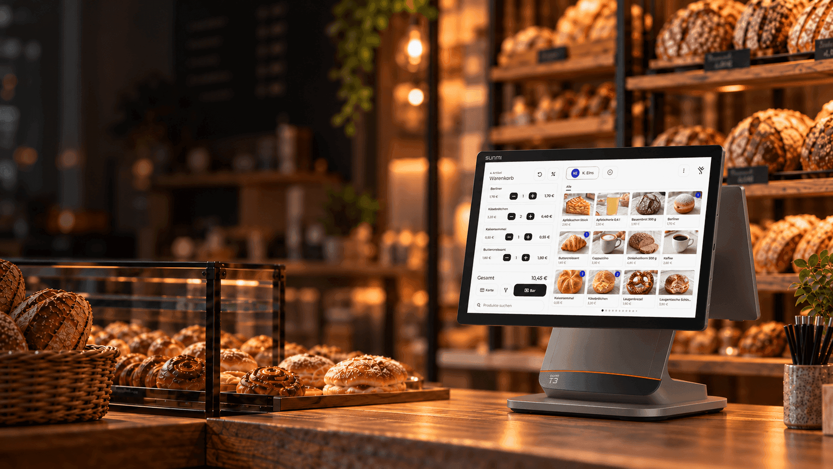 Modern POS system on bakery counter displaying bread and pastry options.