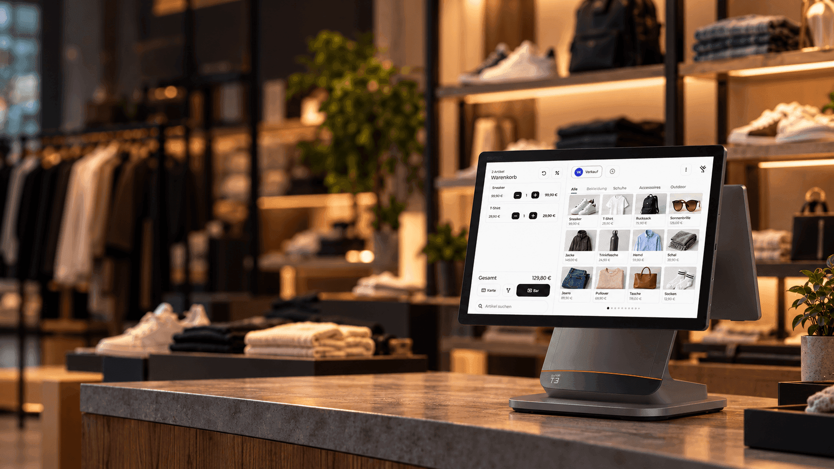 Modern POS system on a counter in a retail clothing store, displaying items.