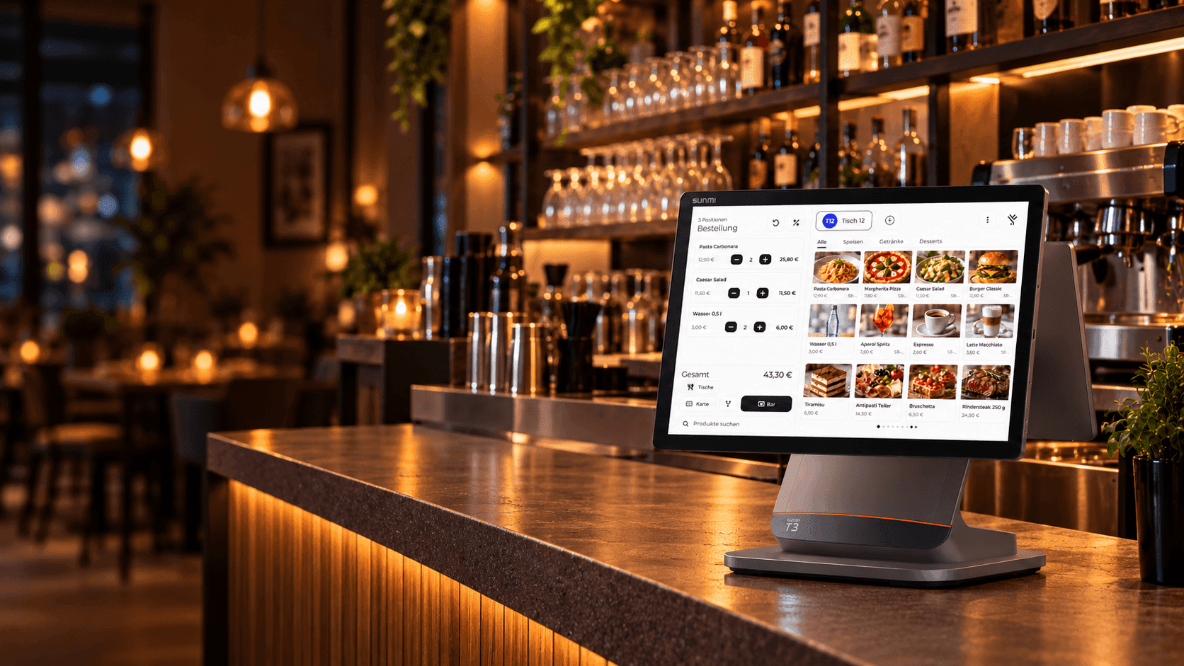 Modern restaurant bar with a sleek point-of-sale system displaying various menu items.